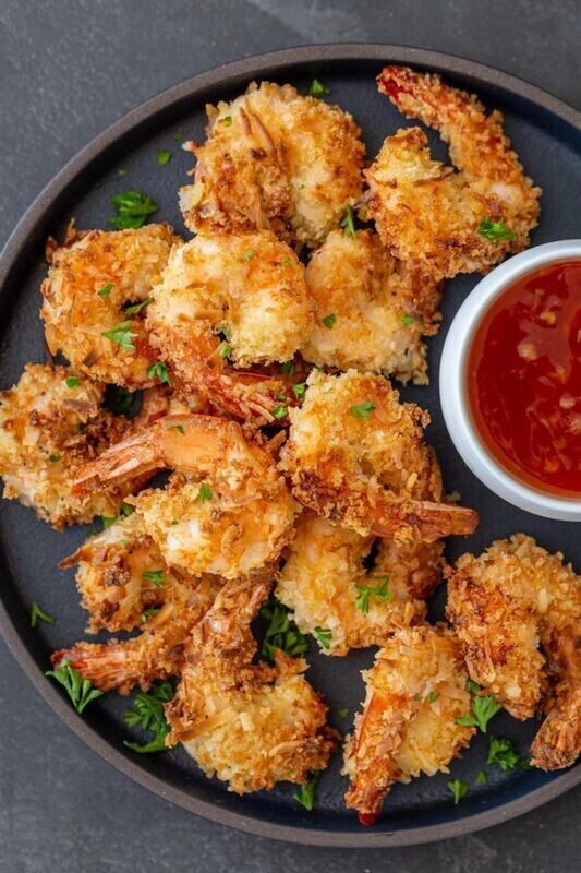 6 Coconut Shrimp, coleslaw and Baked Sweet potato fries