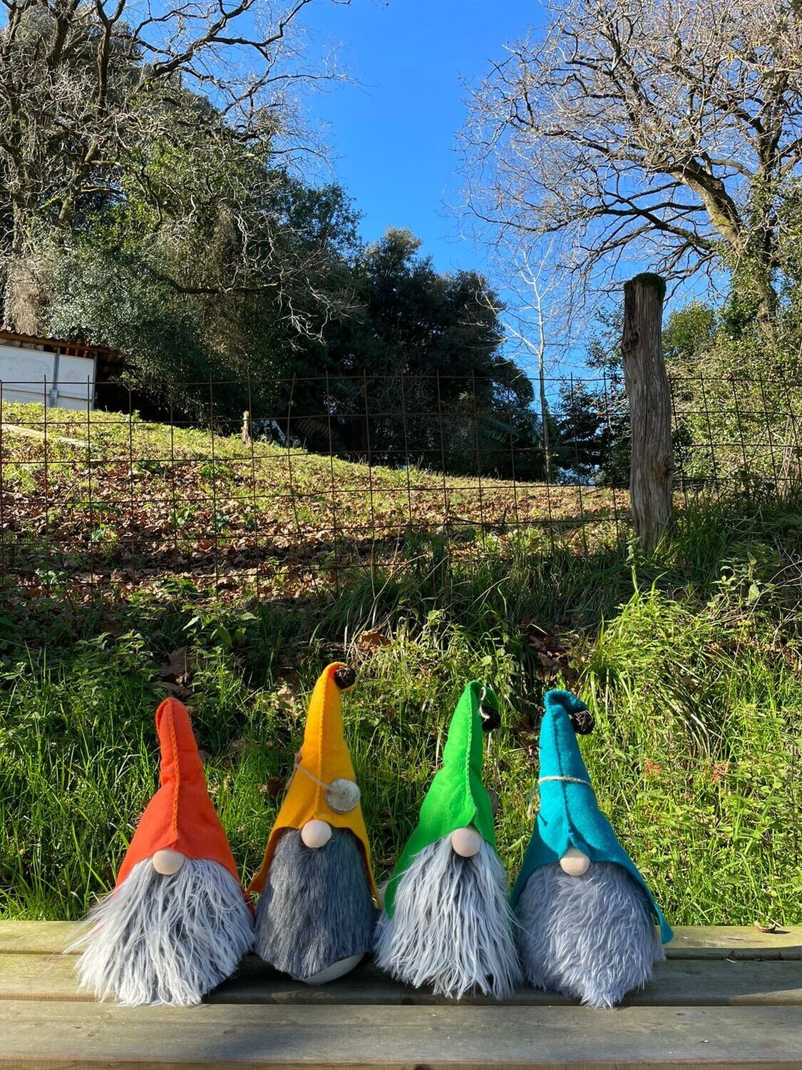 Set de cuatro gnomos con base de madera