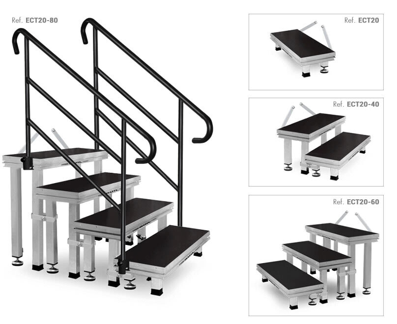 ECT20-80 Escalera de 4 peldaños para escenarios de 80 cm de alto ECT20-80 Escalera de 4 peldaños para escenarios de 80 cm de alto