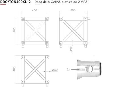 Cubo de aluminio reforzado de 2 caras para unión de trusses TNQ400XL Ref. DDO/TQN400XL-2