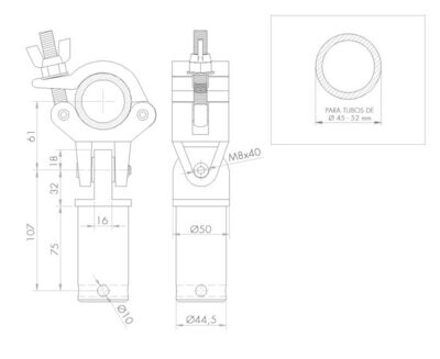 Abrazadera articulada con adaptador. Para tubos de Ø 45-52 mm. WLL: 250 kg Ref. ABZ-23