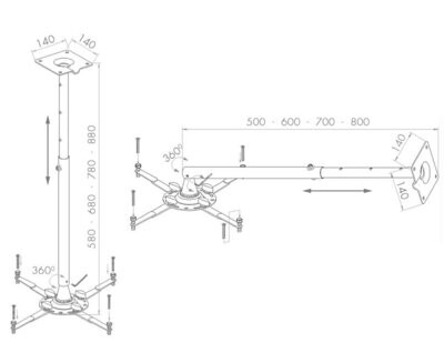 Soporte telescópico para video proyector. Fijación a techo y pared. Kit de montaje incluido Ref. PTR-15