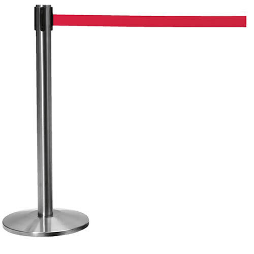 Poste separador de acero con cinta roja de 2 metros y freno en la cinta Poste separador de acero con cinta roja de 2 metros y freno en la cinta