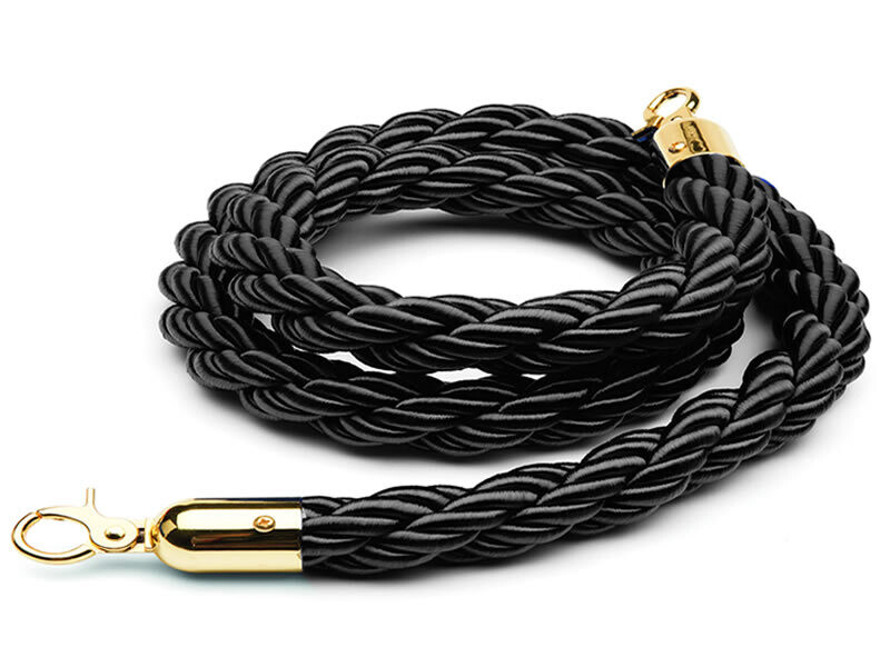 Cordón trenzado negro 1,5 m (Ø 30 mm) con mosquetones dorados. 005547