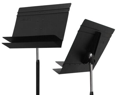 Atril de orquesta de gran calidad para uso profesional. Provisto de bandeja de aluminio de doble repisa. Base compacta Ref. AT-13