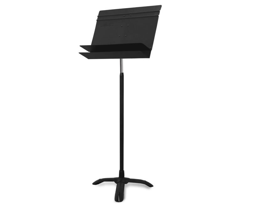 Atril de orquesta de gran calidad para uso profesional. Provisto de bandeja de aluminio de doble repisa. Base compacta Ref. AT-13