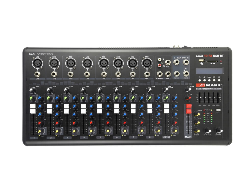 Mezclador 8+1 canales. Reproductor/grabador. ​MAX 10 FX USB BT