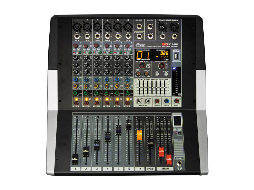 Mezclador amplificado 2 x 300 W. 6 canales. MM 6399 P USB BT Mezclador amplificado 2 x 300 W. 6 canales. MM 6399 P USB BT