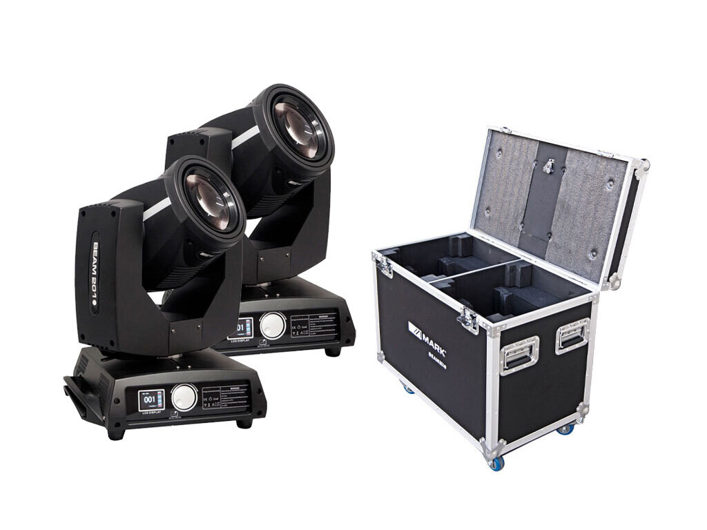 Pack compuesto por 2 cabezas móviles BEAM 201 + RACK y flightcase de transporte. Pack compuesto por 2 cabezas móviles BEAM 201 + RACK y flightcase de transporte.