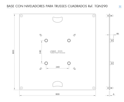 Base 800 x 800 x 6 mm con niveladores para trusses cuadrados ref. TQN290 y TQN400XL. Ref. BST-04/N