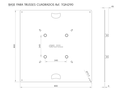Base con niveladores para trusses cuadrados ref. TQN290, TQN400XL y truss paralelo TPN290 Medida: 450 x 450 x 5 mm Incluye conexiones UTR-06. Acabada en color negro  Ref. BST-02/N