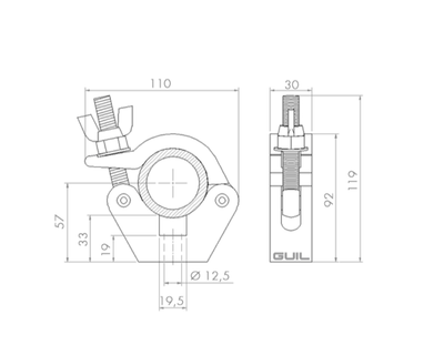Abrazadera con adaptador cónico para truss. Tubos de Ø 45-52 mm. WLL: 300 kg Fabricada en aluminio. Incluye medio bulón para trusses TQN  Ref. ABZ-17