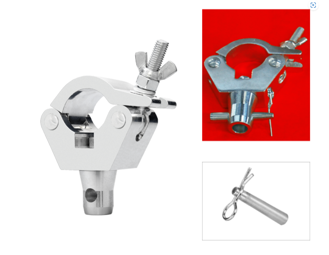 Abrazadera con adaptador cónico para truss. Tubos de Ø 45-52 mm. WLL: 300 kg Fabricada en aluminio. Incluye medio bulón para trusses TQN  Ref. ABZ-17