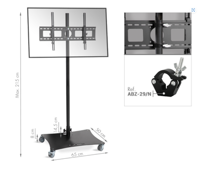 Soporte móvil para pantallas de hasta 55″. Regulable en altura. Mástil de acero inoxidable en color negro  Ref. PTR-01XL/N