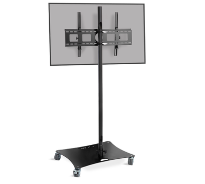 Soporte móvil para pantallas de hasta 55″. Regulable en altura. Mástil de acero inoxidable en color negro  Ref. PTR-01XL/N