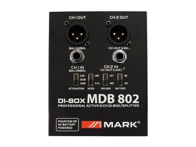 Caja de inyección activa de 2 canales. Atenuador -10, -20, -30 dB. Desconexión de tierra. Batería On/Off. MDB 802