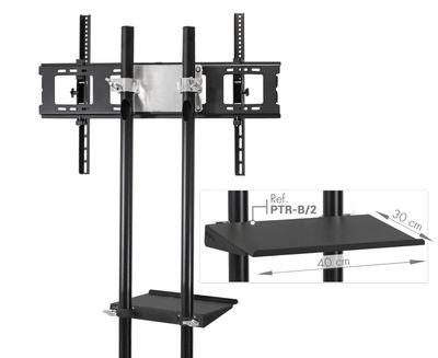Soporte móvil para pantallas de hasta 100″. Color negro. Bandeja incluida Regulable en altura. Mástiles de acero inoxidable Ref. PTR-100/N