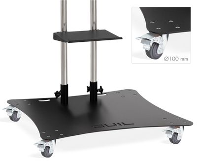 Soporte móvil para pantallas de hasta 100″. Bandeja incluida Regulable en altura. Mástiles de acero inoxidable Ref. PTR-100