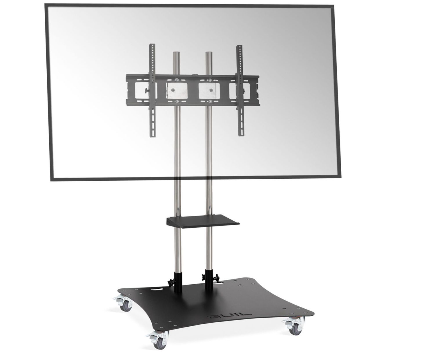 Soporte móvil para pantallas de hasta 100″. Color negro. Bandeja incluida Regulable en altura. Mástiles de acero inoxidable Ref. PTR-100/N