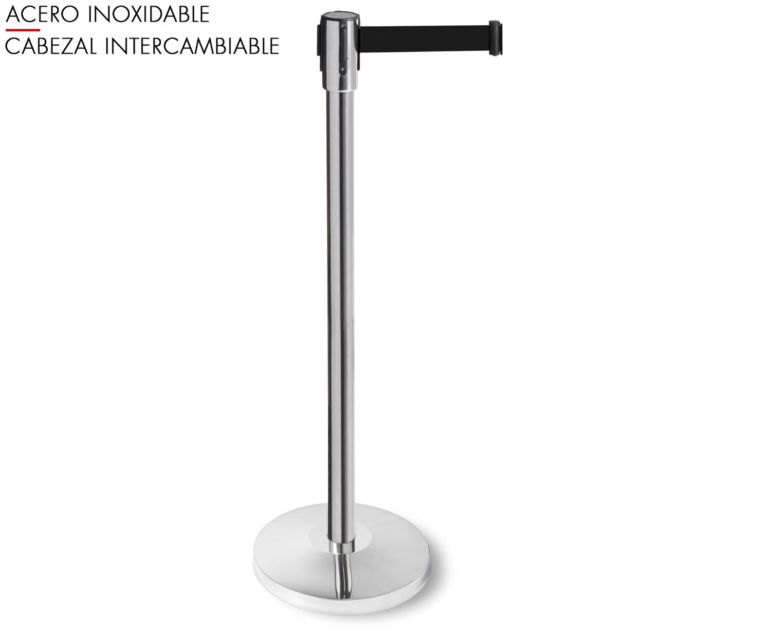 Poste separador INOX con cinta retráctil negra de 3 m. Cabezal intercambiable Ref. PST-12/N