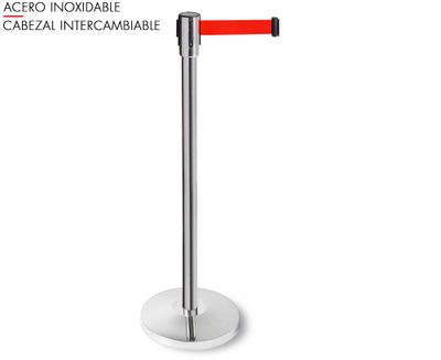 Poste separador INOX con cinta retráctil roja de 3 m. Cabezal intercambiable Ref. PST-12