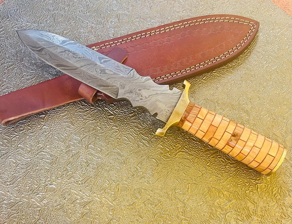 15” Dagger Double Edge, Damascus Steel Blade with Ladder Pattern,  Light Colour Wood Tile Design Handle