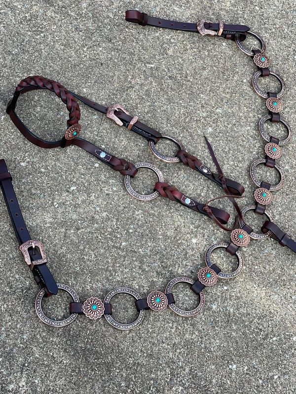 Crazy Horse Copper Rings and Conchos (center teal Stone)