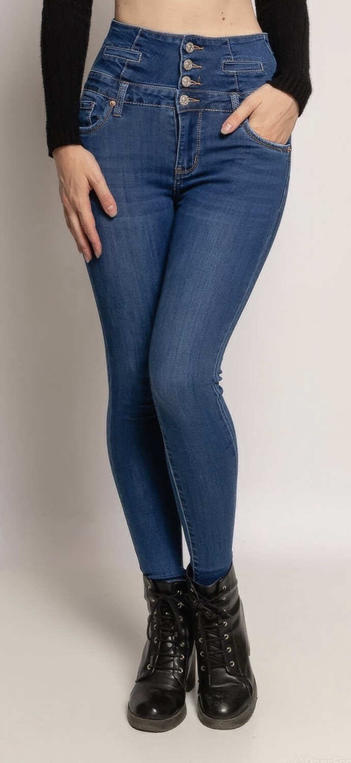 Jeans taille haute effet ventre plat avec boutons