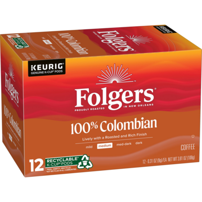 CAFE KEURIG FOLGERS 100% COLOMBIAN MEDIUM C/12 PZAS
