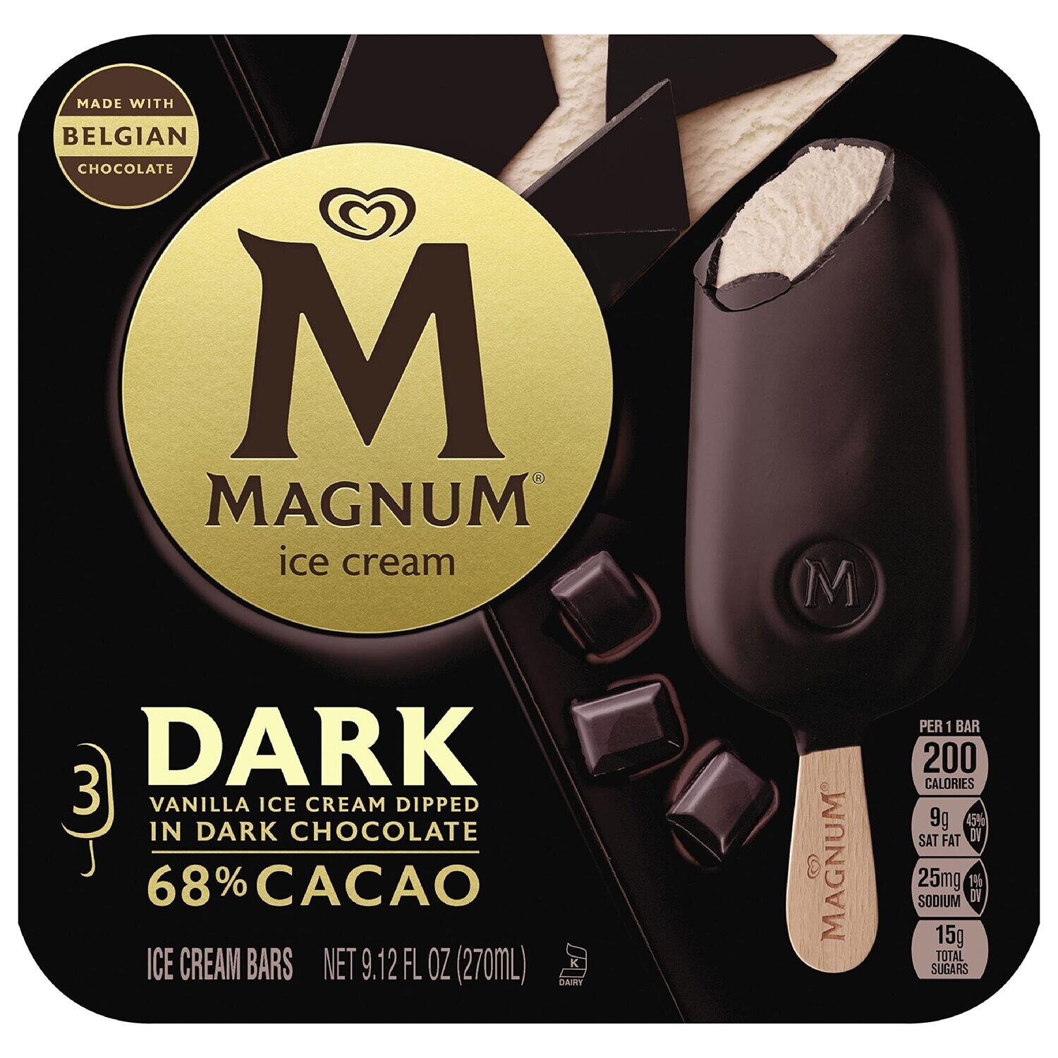 PALETA MAGNUM DARK 68% CACAO C/3 PZAS 270ML