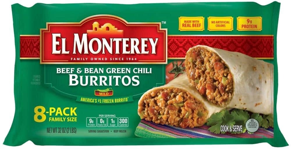 BURRITOS EL MONTERREY BEEF &amp; BEAN GREEN CHILI C/8 PZAS 907 GR.
