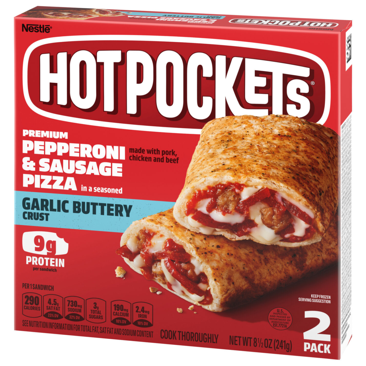 HOTPOCKETS PEPPERONI &amp; SAUSAGE PIZZA C/2 PZAS 241 GR.