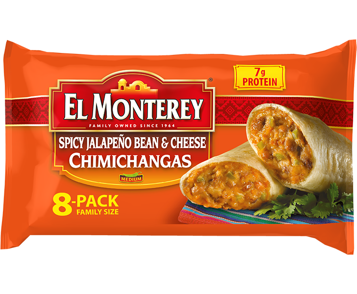 CHIMICHANGAS EL MONTERREY SPICY JALAPENO BEAN &amp; CHEESE C/8 PZAS 862 GR.