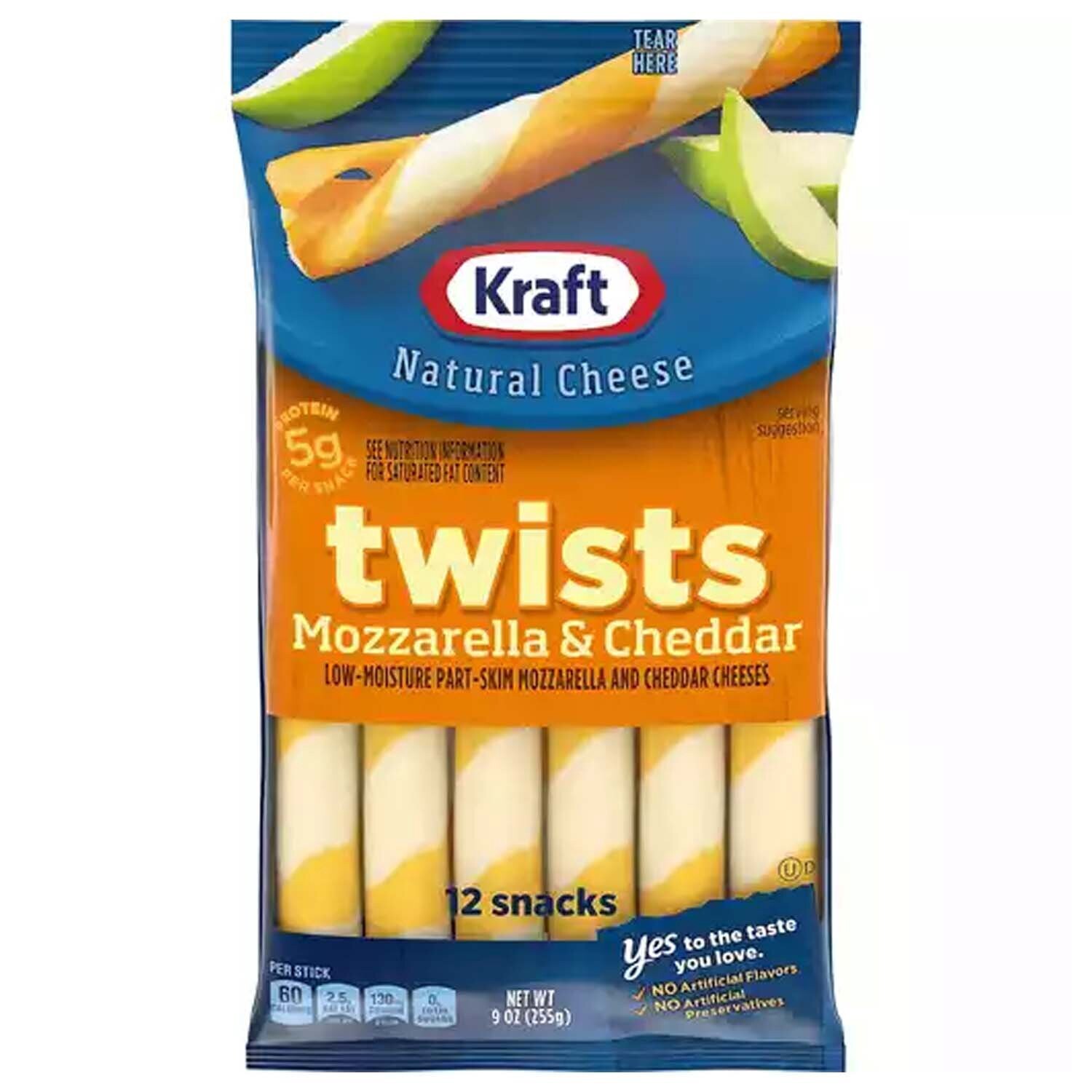 DEDITOS DE QUESO KRAFT TWIST MOZZARELLA &amp; CHEDDAR C/12 PZAS 255 GR.