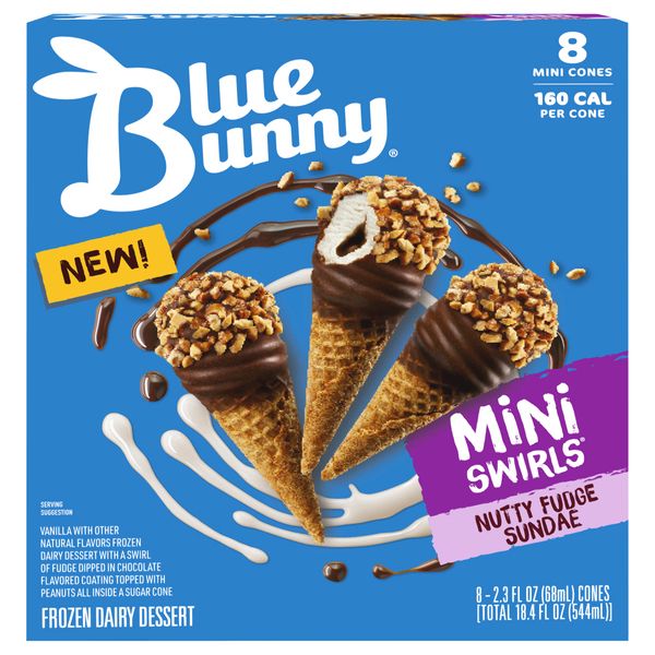 CONOS BLUE BUNNY MINI SWIRLS NUTTY FUDGE SUNDAE C/8 PZAS