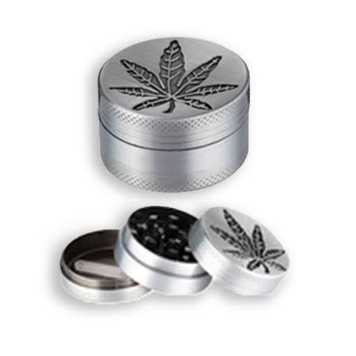 Grinder - small 40mm - Silver with black weed leaf - 340012