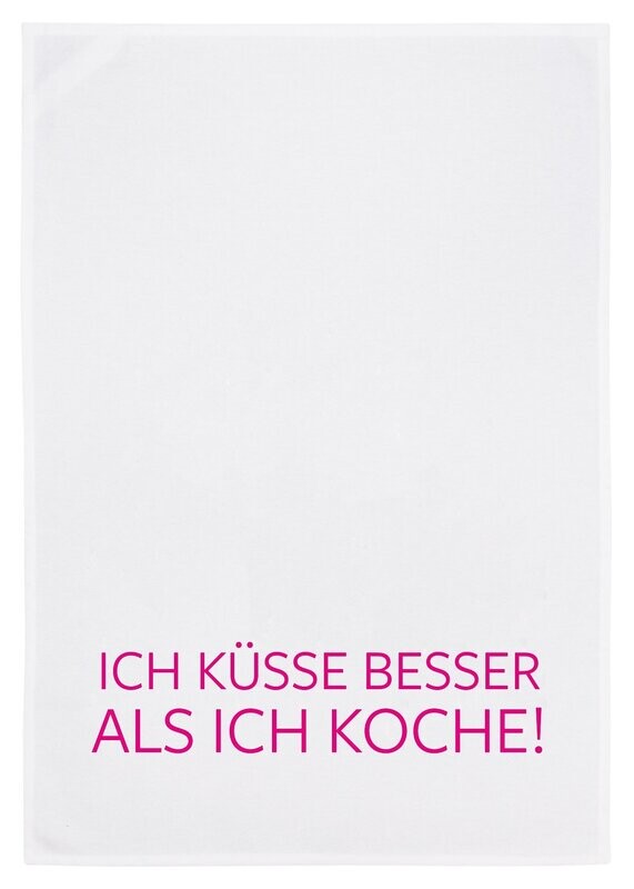 17;30 Geschirrtuch weiss, ICH KÜSSE BESSER ALS ICH KOCHE, neon pink
