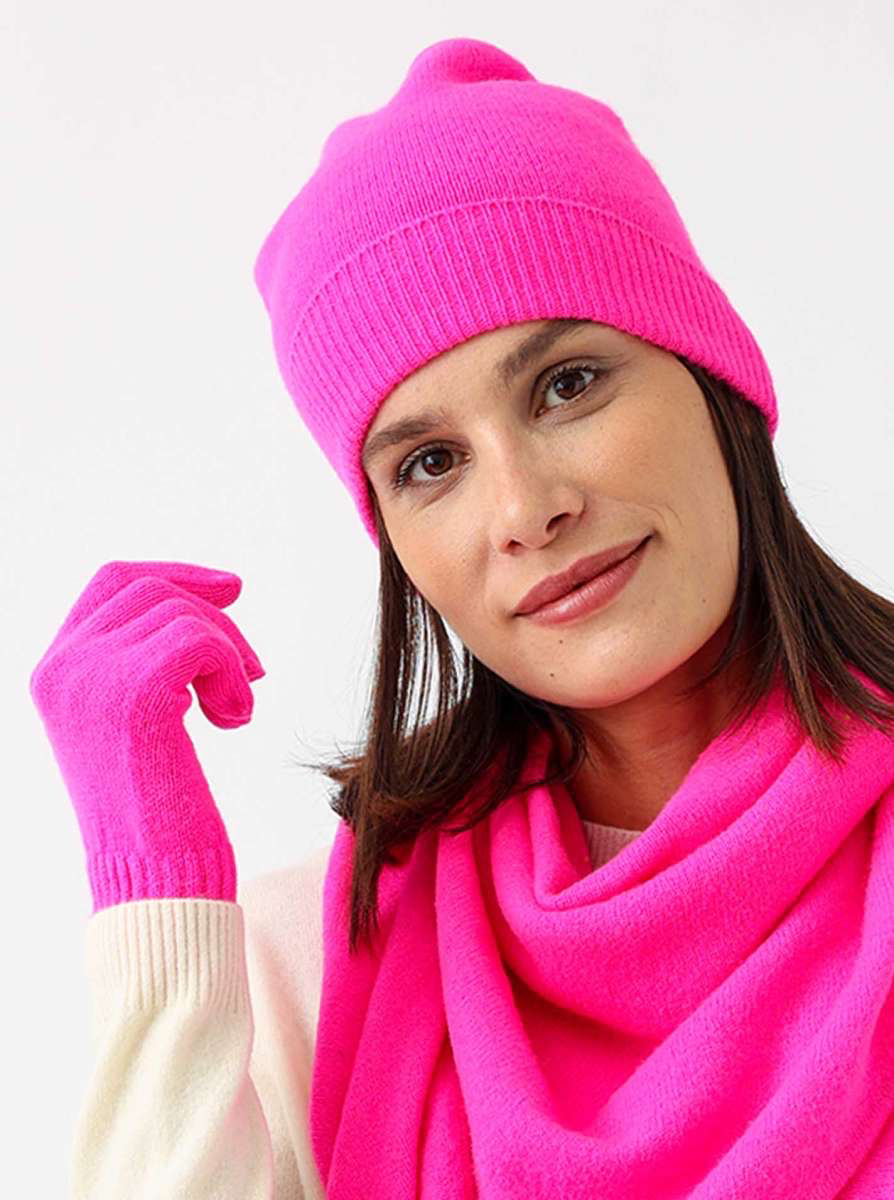 ? Zwillingsherz 100% Kaschmir Ribbon Edge Beanie neonpink