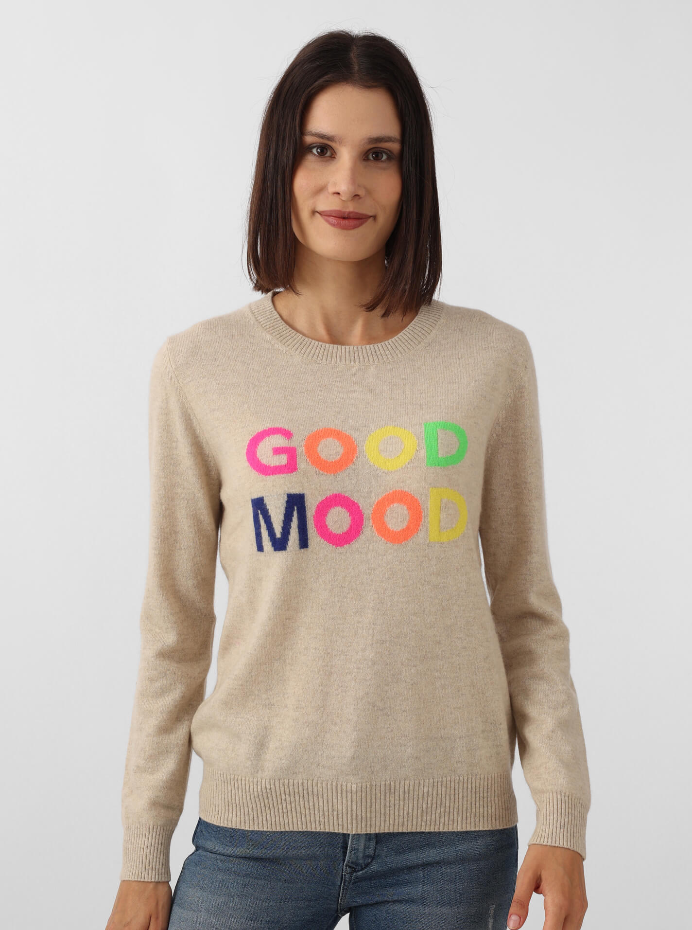 ? Zwillingsherz 100% CASHMERE Pullover GOOD MOOD beige