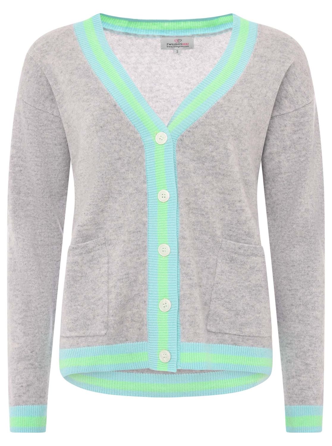 💕 Zwillingsherz 100% Cashmere Cardigan "Zweifarbige Kante" grau—neongrün