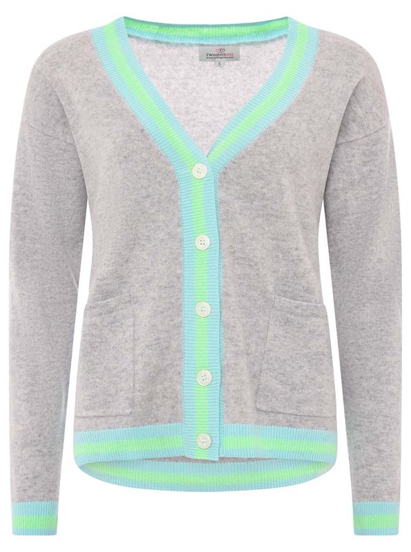 ? Zwillingsherz 100% Cashmere Cardigan "Zweifarbige Kante" grau—neongrün