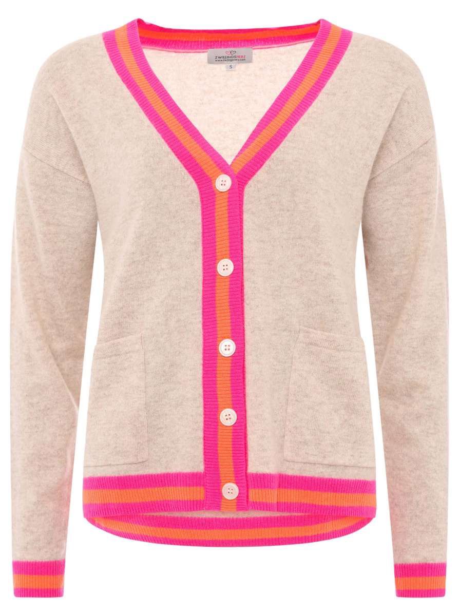 ? Zwillingsherz 100% Cashmere Cardigan "Zweifarbige Kante" beige—pink