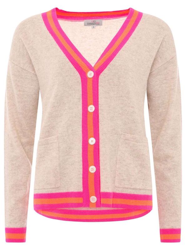 Zwillingsherz 100% Cashmere Cardigan "Zweifarbige Kante" beige—pink