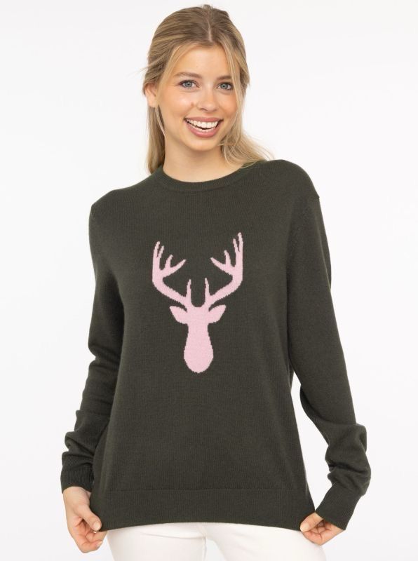 ? Zwillingsherz 100% Cashmere Rundhals Pullover "Hirsch“ oliv