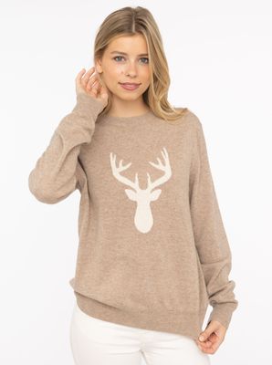 ? Zwillingsherz 100% Cashmere Rundhals Pullover "Hirsch“ beige 