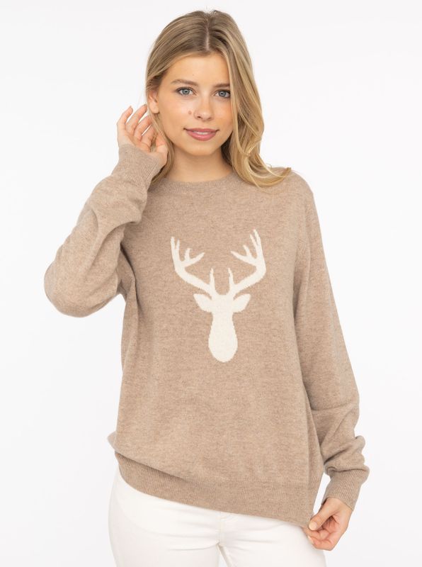 ? Zwillingsherz 100% Cashmere Rundhals Pullover "Hirsch“ beige 