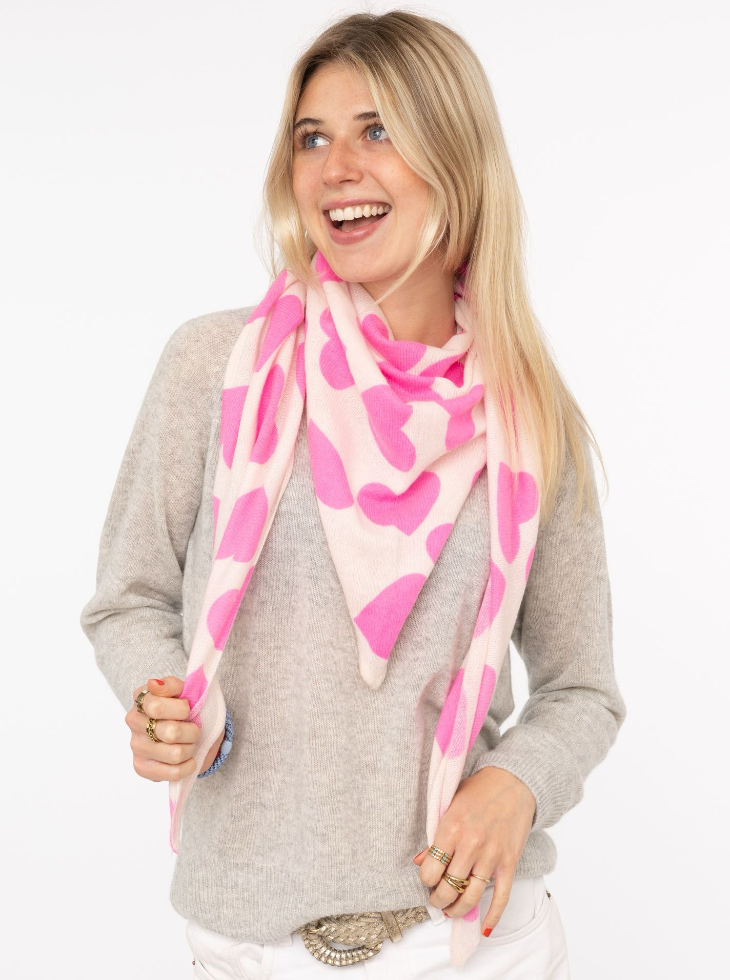 ? Zwillingsherz 100% Kaschmir Dreieckstuch „Herzen“ beige