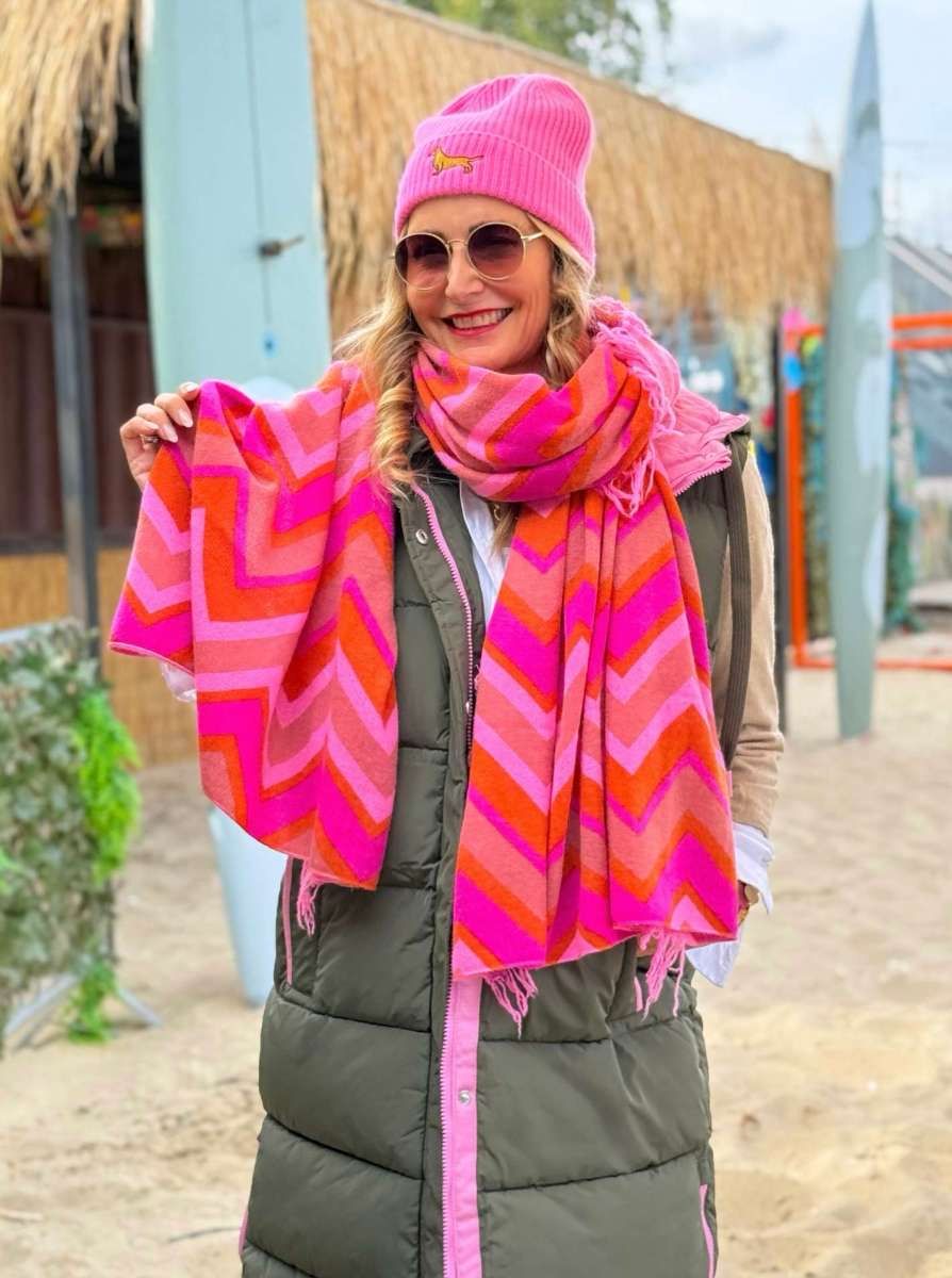 ? Zwillingsherz 100% Cashmere XXL Fransenschal "Zick & Zack Strandpink" neonpink