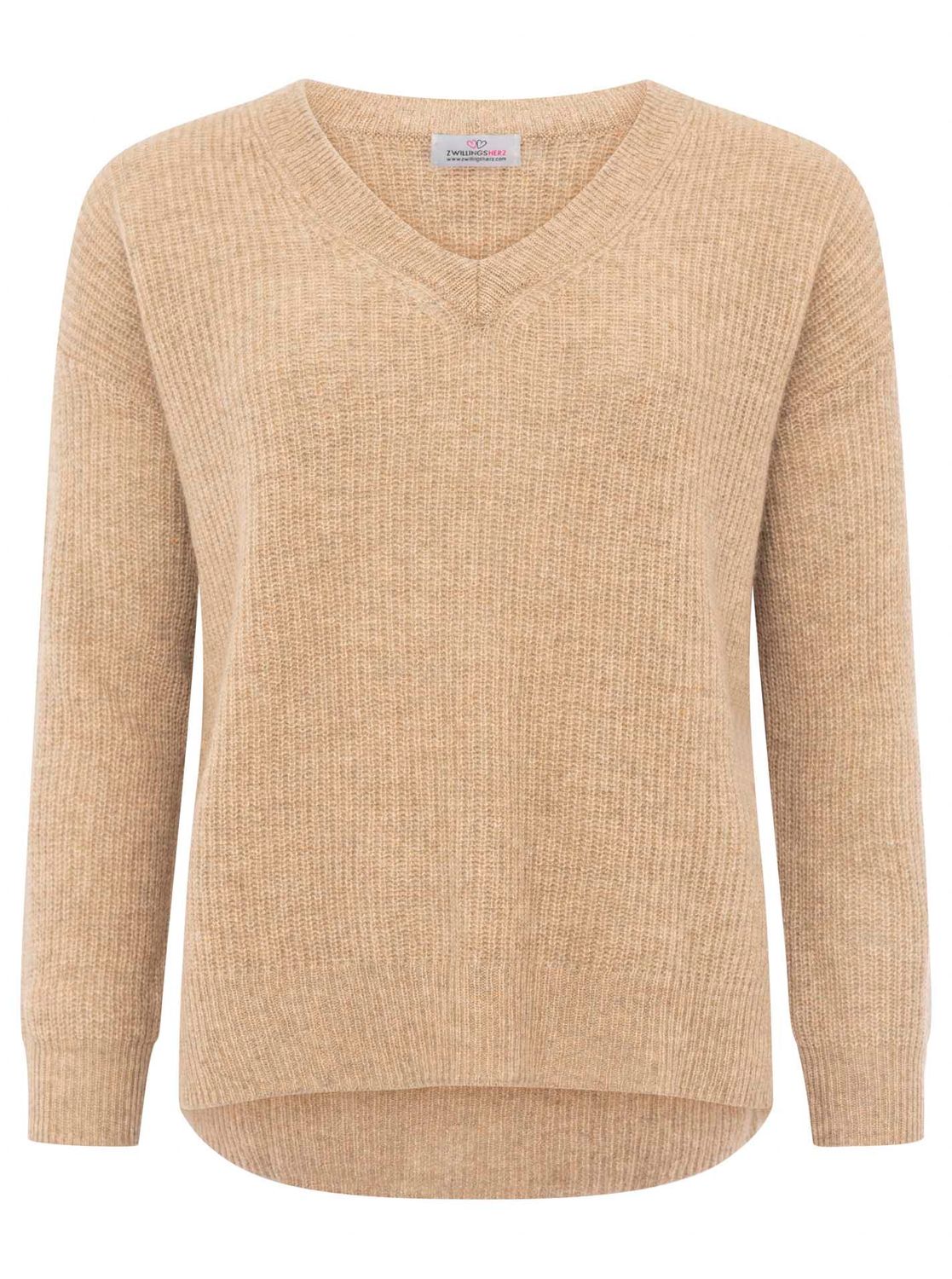 ? Zwillingsherz 100% Kaschmir V-Pullover "Kastig & Rippe"  camel