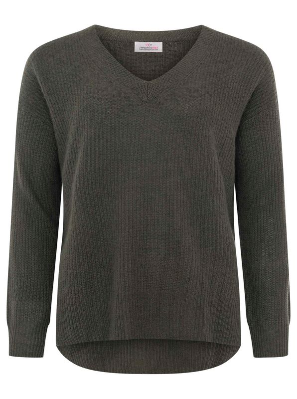 ? Zwillingsherz 100% Kaschmir V-Pullover  ? Zwillingsherz 100% Kaschmir V-Pullover "Kastig & Rippe" oliv